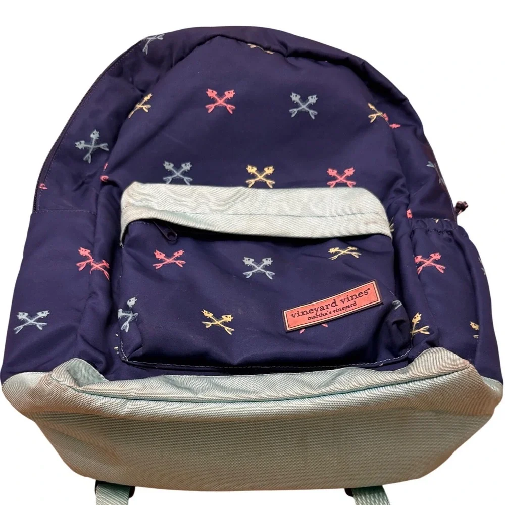 Vineyard Vines Navy Blue Fishbone Print Backpack Teal Lining Padded Straps